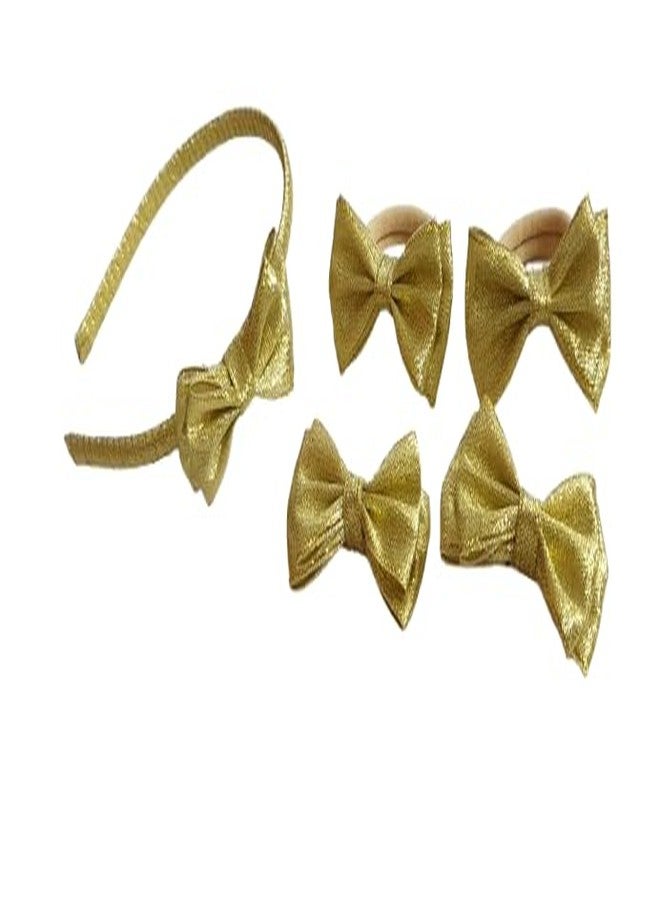 Belleza Crafting with Creativity Hair Accessories Set-5/ Bow Hairband with Bow Hairclip and Bow Ponytail Band/Combo Set for Girls Pattern1 (Golden SHDD1) - Image 1